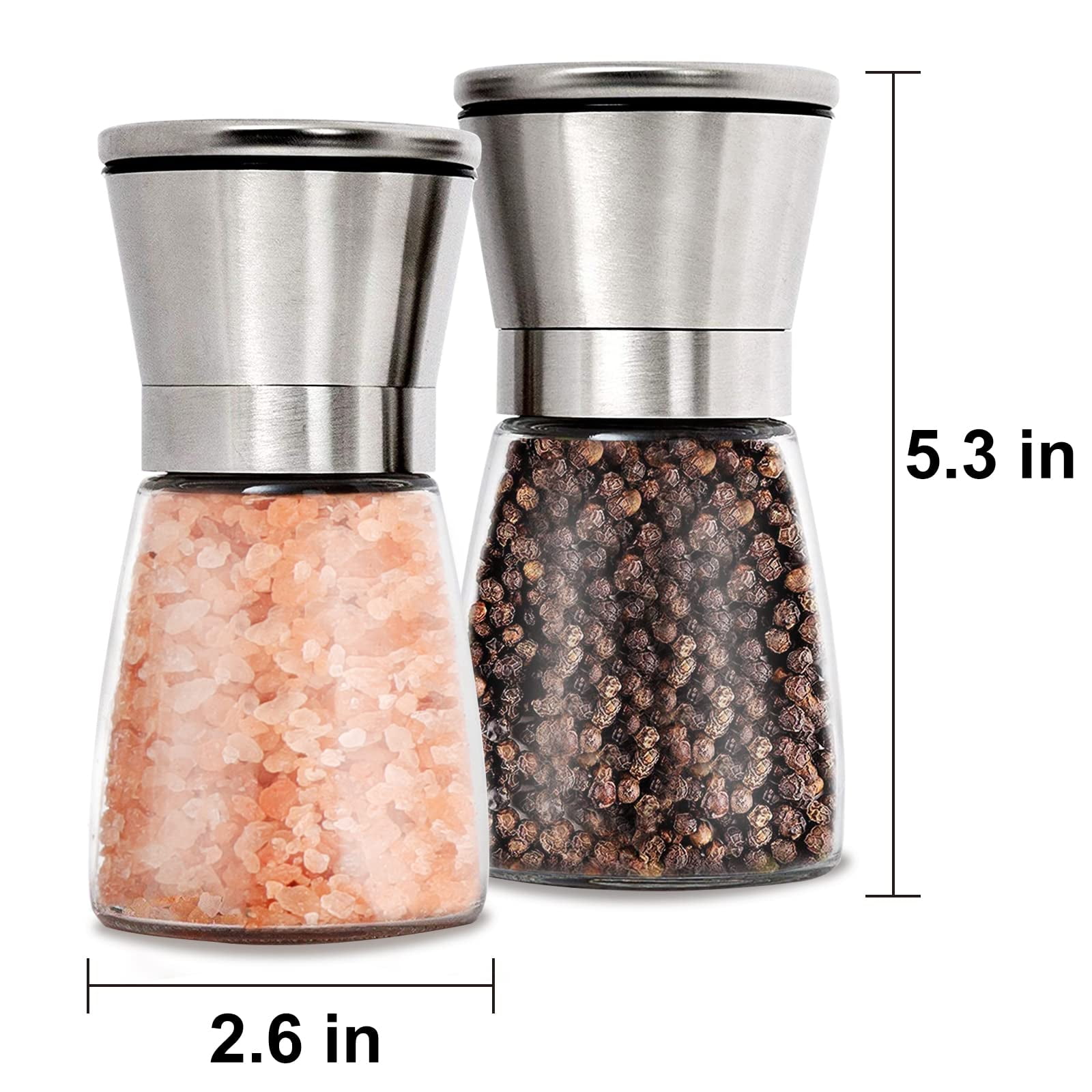 Salt and Pepper Grinder Set Refillable Adjustable Coarseness Stainless Steel with Ceramic Rotor Kitchen Spice Mills Set of 2
