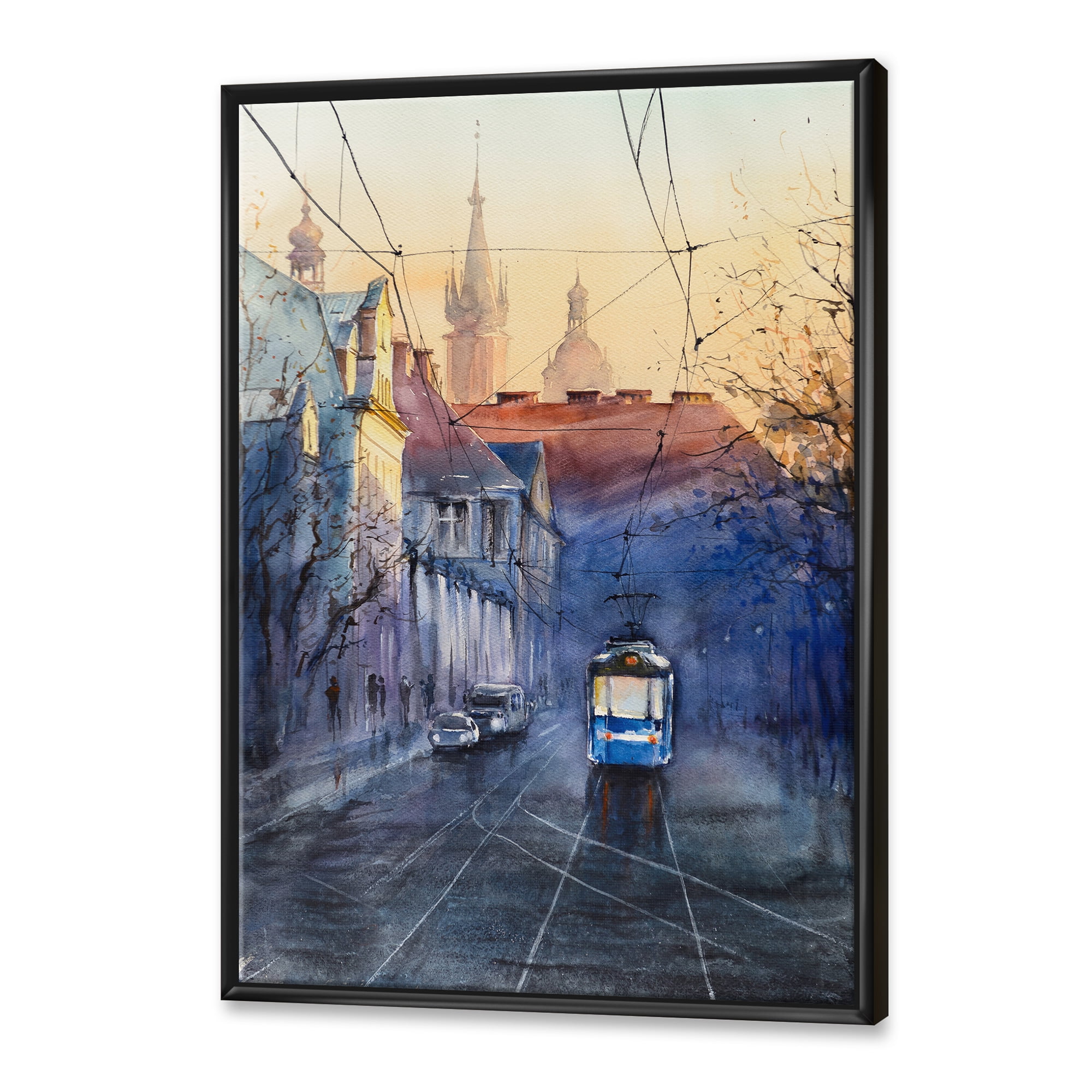 Designart 'Blue Tram At Sunset With Church During Sunset Cityscape' Nautical & Coastal Framed Canvas Wall Art Print