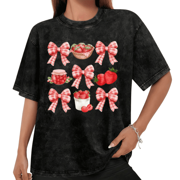 Women Casual Red White Strawberry Bow Graphic Tees Cotton Crew Neck Printed T Shirt Tops Mineral Wash Black S-2XL Plus Size