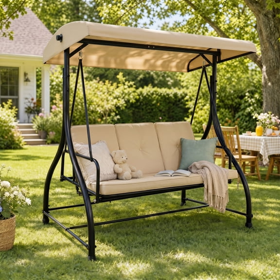 3-Seat Outdoor Porch Swing with Adjustable Canopy & Removable Cushion , Swing Glider Hammock for Patio, Garden,Beige