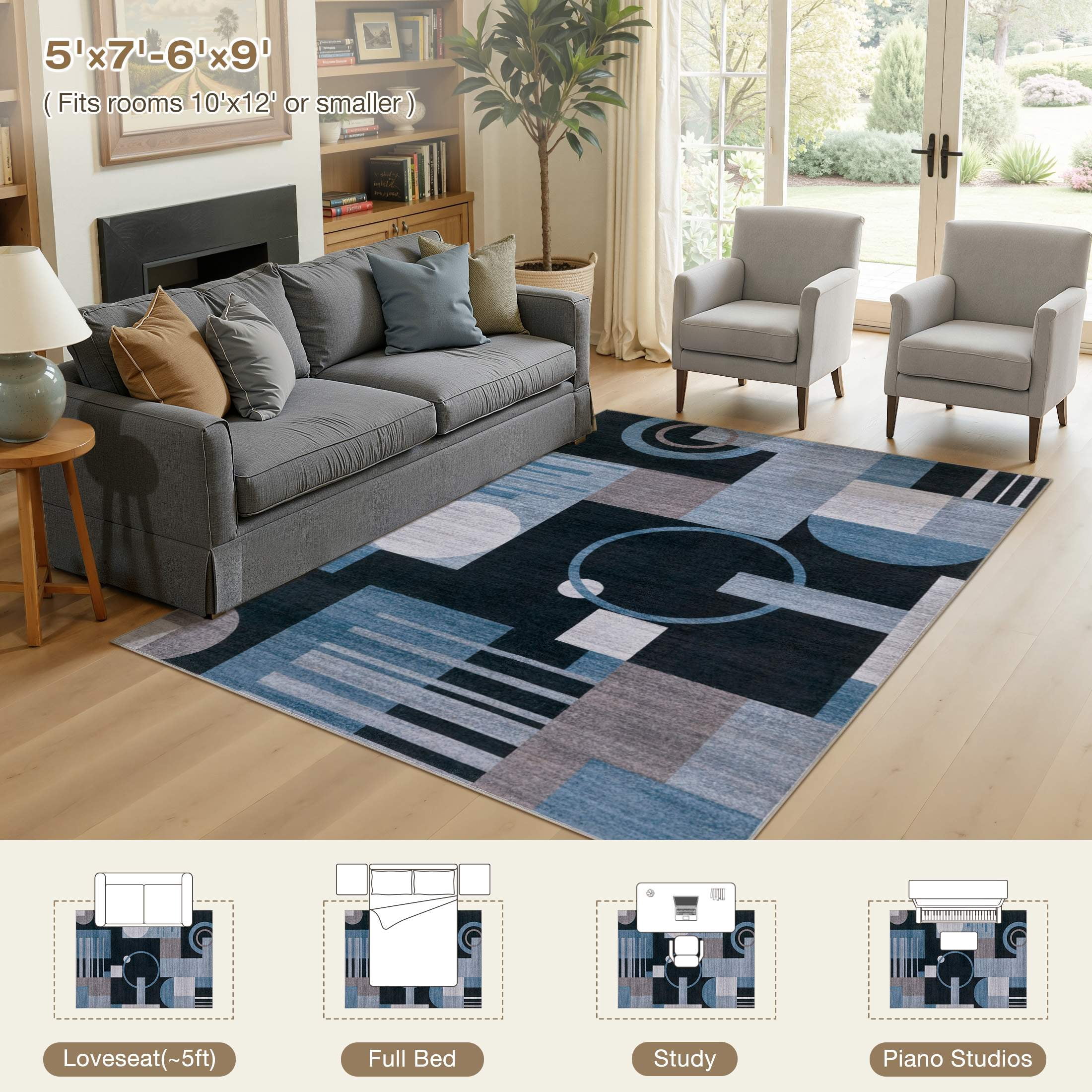 MICGEEK 5x7 Washable Area Rugs for Living Room, Modern Geometric Printed Rug, Vacuum-Friendly, Non Slip Indoor Rug for Bedroom Dining Room Home Decor Carpet, Charcoal Blue