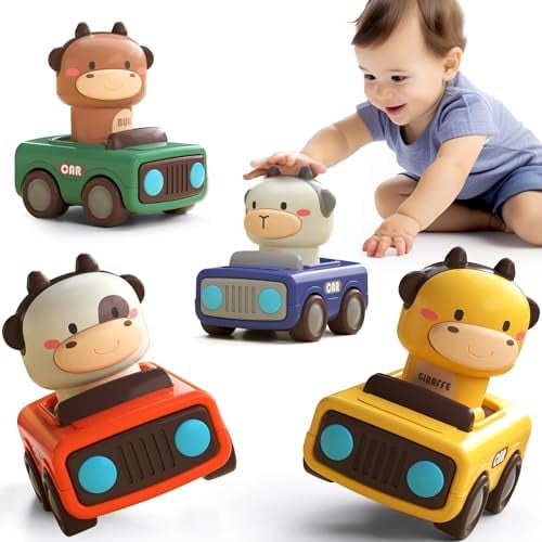 Press to Go Car Toys for Toddlers 1-3, Baby Animal Racing Cars, Infant Play Vehicle Set, Baby Push Go Friction Car Toys for 6-9-12-18 Months, 1st Birthday Gifts for 1-2 Years Old Boys