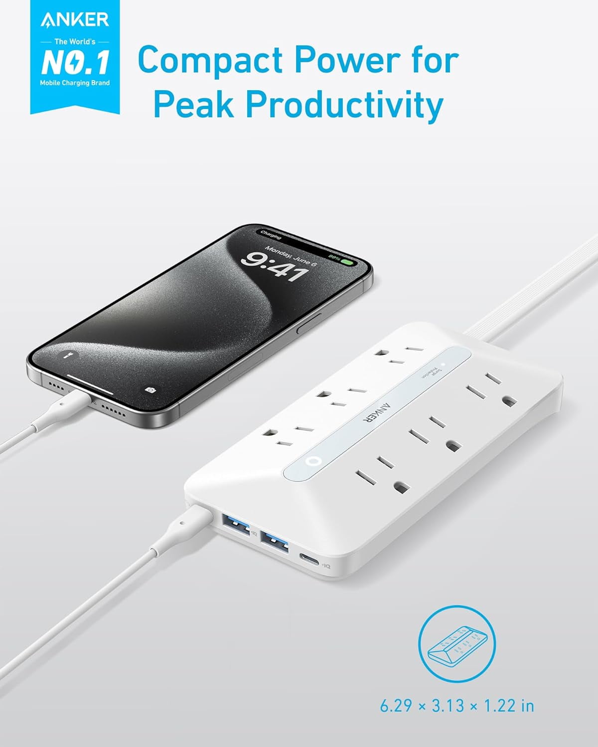 Flat Plug Power Strip(300J), Anker 20W USB C Power Strip, 10-in-1 Ultra Thin Power Strip with 6 AC, 2 USB A/2 USB C,5ft Extension Cord, Desk Charging Station,Home Office College Dorm Room Essentials