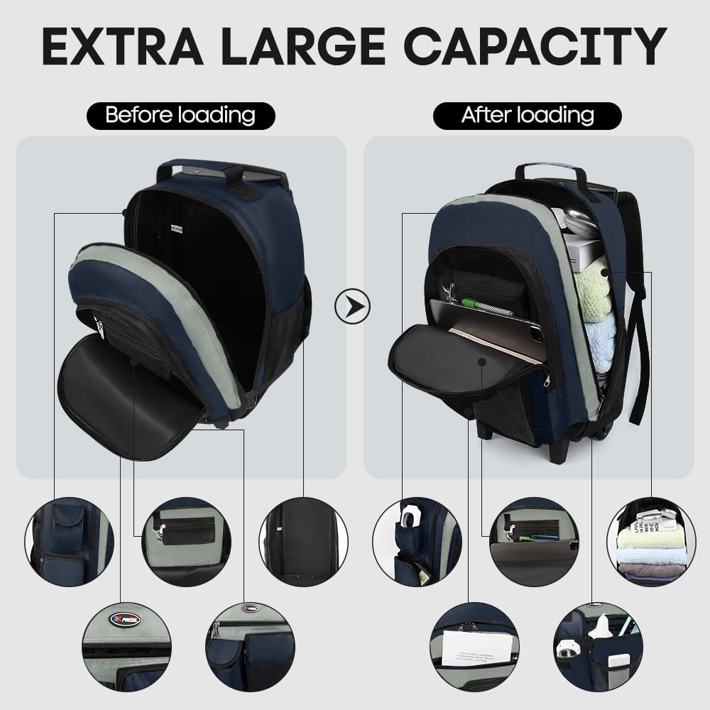 20" Rolling Backpack for Women Men,2 in 1 Carry On Travel Backpack with Wheels & Telescopic Handle for Work, Weekend, School & Short Trips, Blue, JH2560