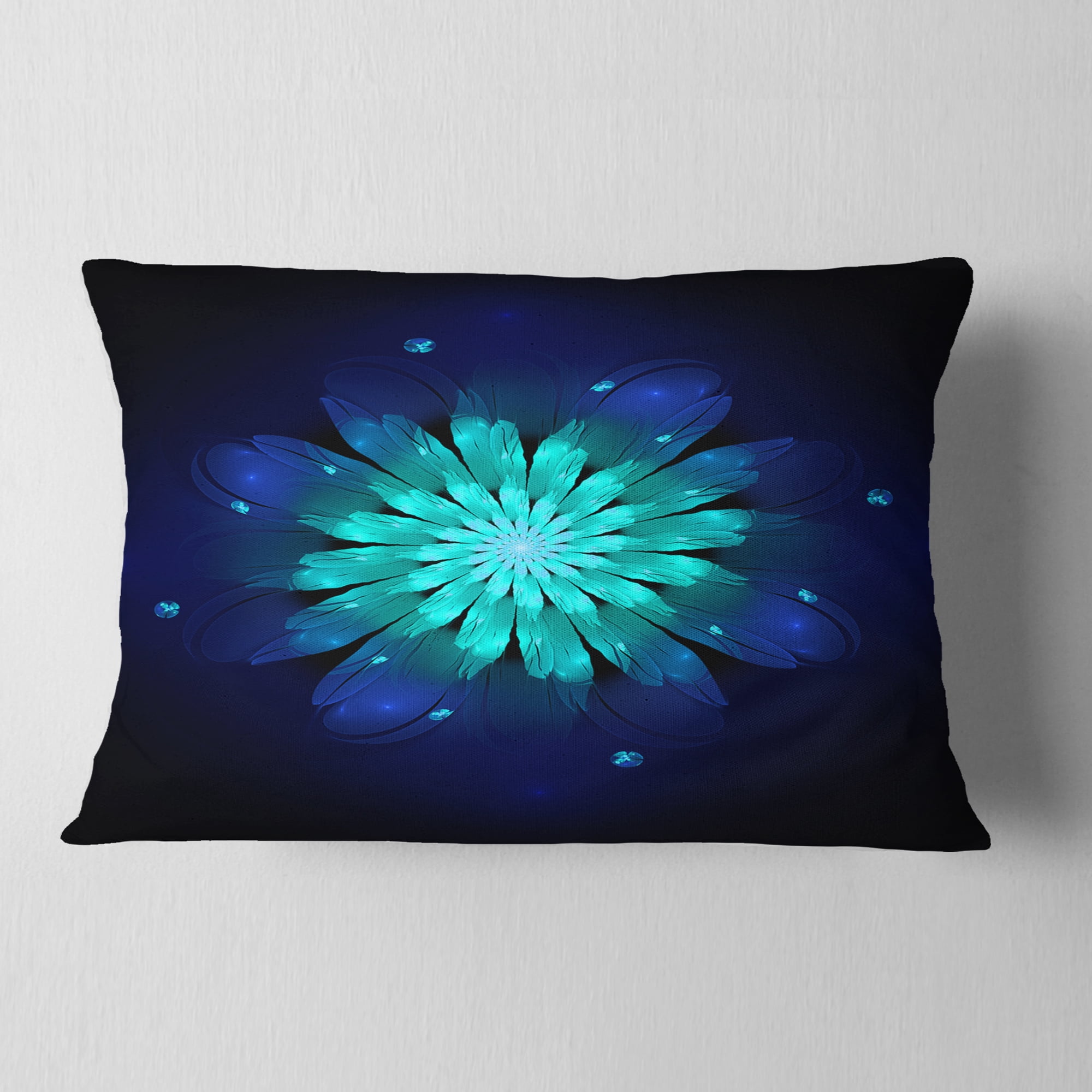 Designart Fractal Flower Blue N Turquoise - Floral Throw Pillow - 12x20