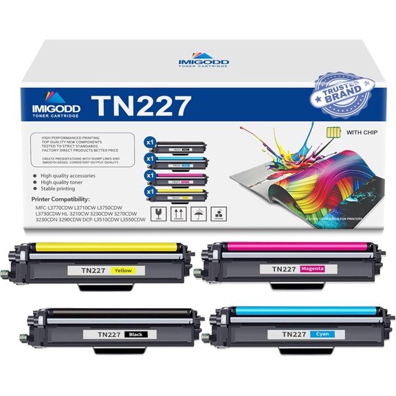 4-Pack TN227 BK/C/M/Y Toner Cartridge (with Chip) Replacement for Brother High Capacity with MFC-L3770CDW L3710CW L3750CDW L3730CDW HL-3210CW 3230CDW 3270CDW 3290CDW DCP-L3510CDW L3550CDW Printer