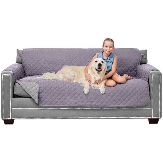 Original Patent Pending Reversible Large Sofa Protector, Many Colors, Seat Width to 70 Inch, Furniture Slipcover 2 Inch Strap, Couch Slip Cover Throw for Pet Dogs, Kids, Purple Lt Gray