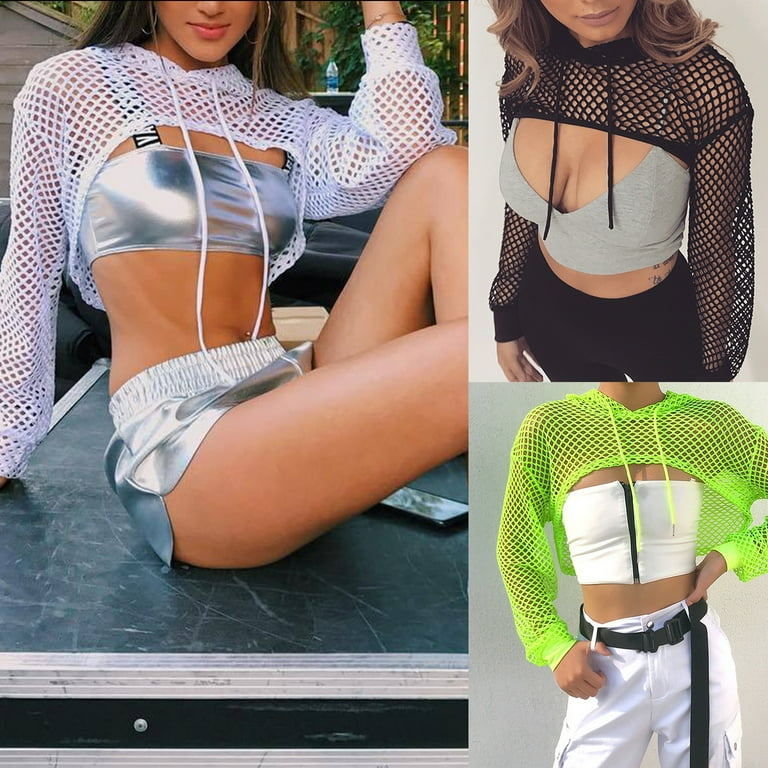 Women Long Sleeve Mesh Fishnet Hoodie Crop Top Neon Solid