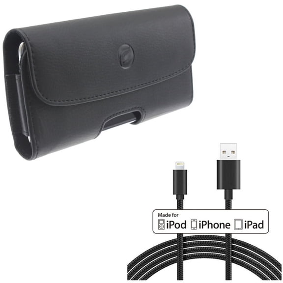 MFi USB Cable w Case Belt Clip for iPhone XS/X - 10ft Certified Charger Cord Power Wire, Leather Holster Cover Pouch Loops for iPhone XS/X