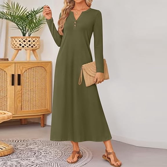 Cyglowse Spring Long Sleeve Comfortable Loose Maxi Dresses for Women 2026 Elegant Classy Winter Wedding Guest Dress Dark Green S