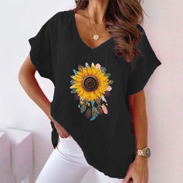 Fiudx Ofertas Flash Del Día Camiseta de Manga Corta con Mangas Informales de Algodón y Cáñamo con Cuello En V y Estampado de Girasoles para Mujer