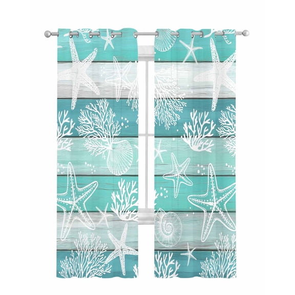 Teal Coastal Beach Sheer Curtains 63 Inch Length 2 Panels Set for Living Room/Bedroom, Nautical Starfish Coral Vintage Wooden Kitchen Curtains Grommet Semi-Sheer Curtains Window Treatments 42"x63"x2