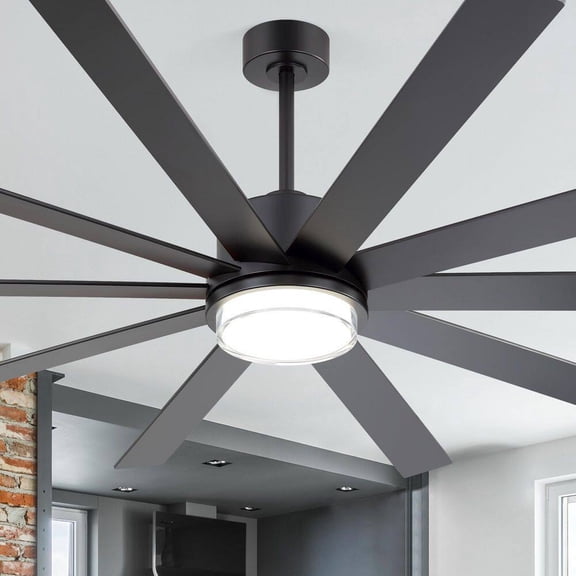 Breezary Archer 75 in. Integrated LED Black Windmill Ceiling Fan with Light, Downrod, Black/Brown Blade and Remote Included