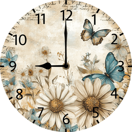 Eveokoki Wood Wall Clock Rustic Country Silent Non-Ticking 10 Inch Vintage Butterflies Daisy Round Clocks Battery Operated for Living Room Kitchen Bedroom Bathroom Office Home School Decor