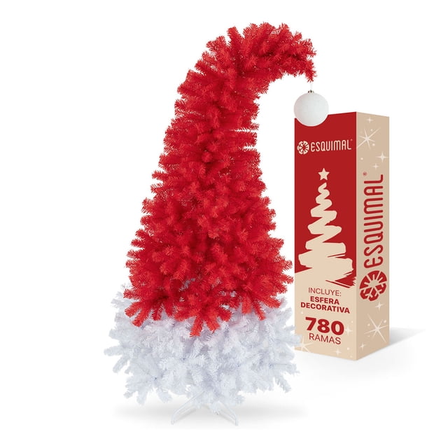 Árbol Navidad Pino Navideño Gorro de Santa Esquimal Rojo y Blanco 1.5m + Esfera Escarchada