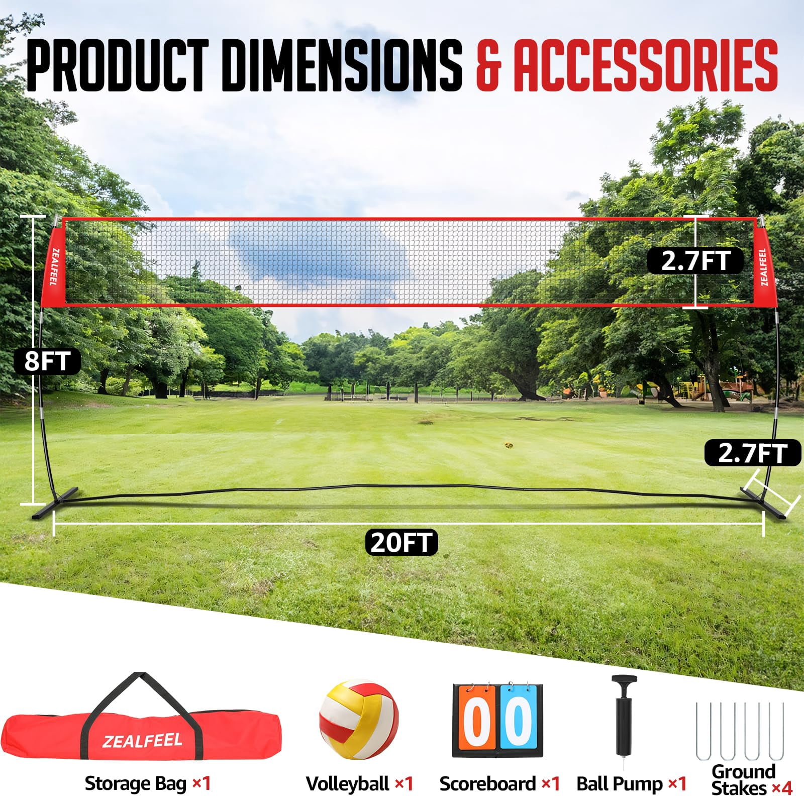 Zealfeel Adjustable Portable 20ft Volleyball Training Net Set with Carry Bag for Outdoor Practice