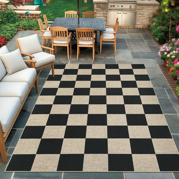 Hasoo Large Washable Rug 9' x 12' Area Rug for Living Room Easy Jute Checker Non-Slip Neutral Indoor/Outdoor Decor Carpet, Black/White