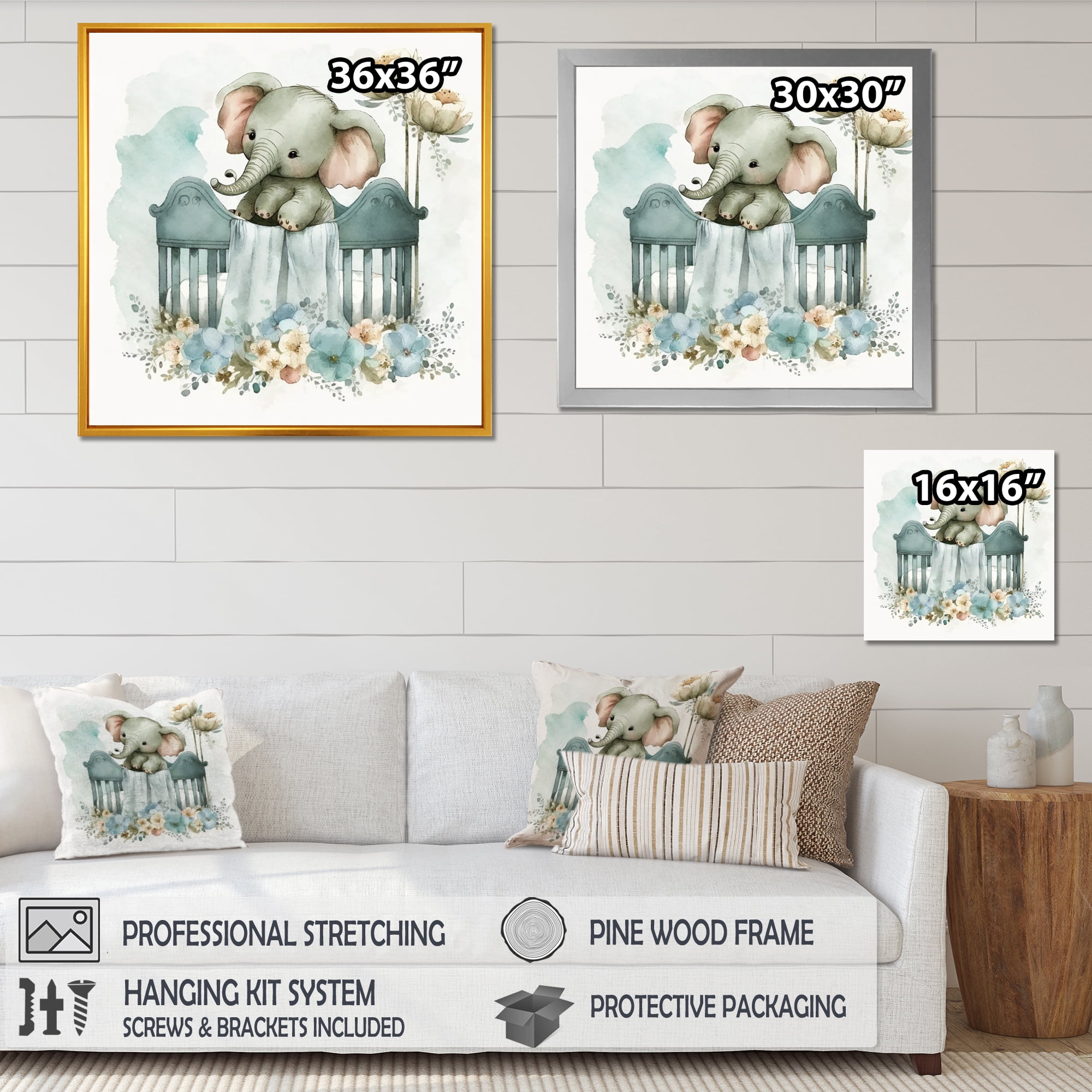 Designart Baby Elephant In Crib With Flowers I Canvas Wall Art
