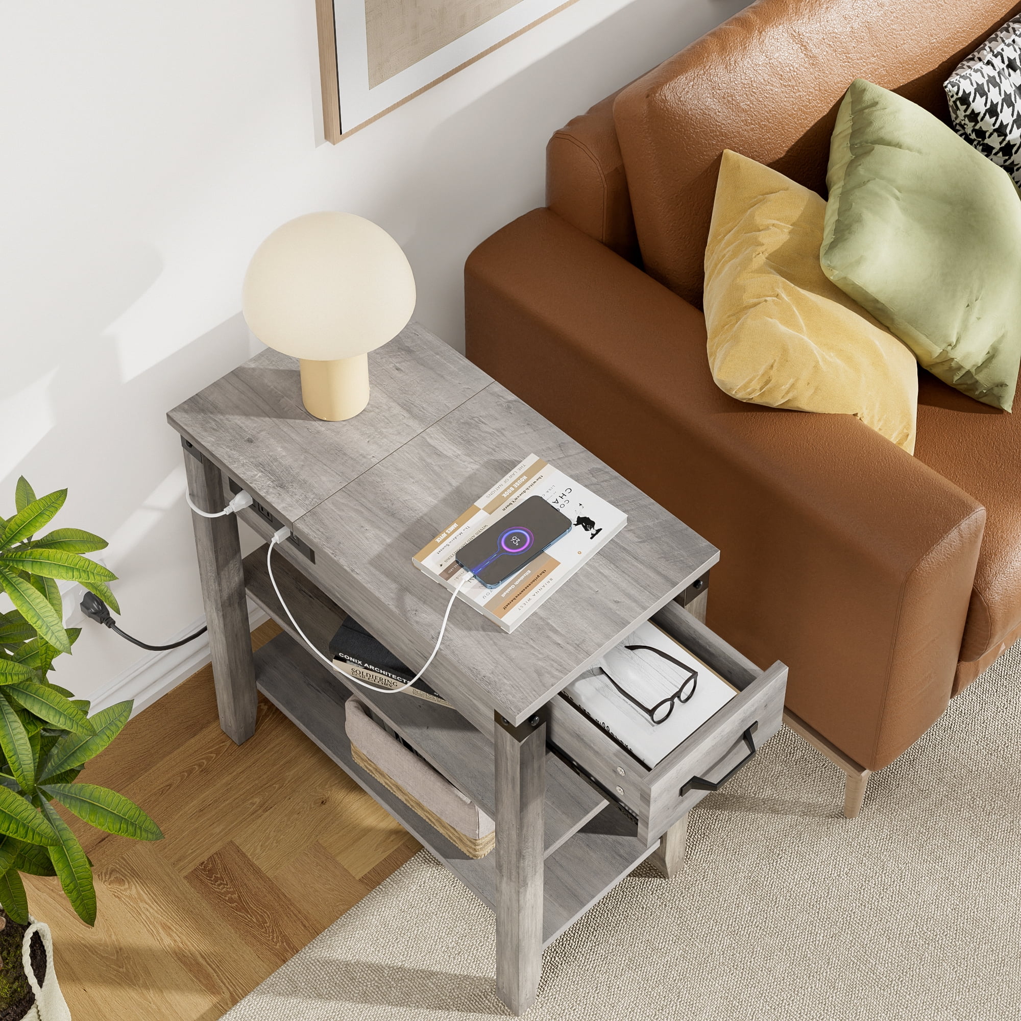 WhizMax End Table with Charging Station, 3-Tier Narrow Side Table with Drawer and Storage End Table Wood Farmhouse Bed Side Table/Night Stand for Living Room Bedroom Office (Rustic Grey)