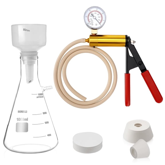 FOUR E's Scientific 1000ml Buchner Funnel Vacuum Filtering Kit with Hand Vacuum Pump, 1L Vacuum Flask, Lab Filters with 100 Pcs Filter Paper and Vacuum Tube for Laboratory