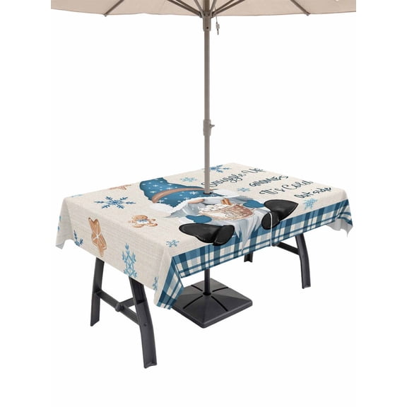 Outdoor Tablecloth with Umbrella Hole and Zipper, Beige Christmas Rectangle Table Cloth 60x120 Inch Waterproof Tablecloth, Xmas Snowflakes Gnomes Gingerbread Man Picnic Table Cover for Patio Camping