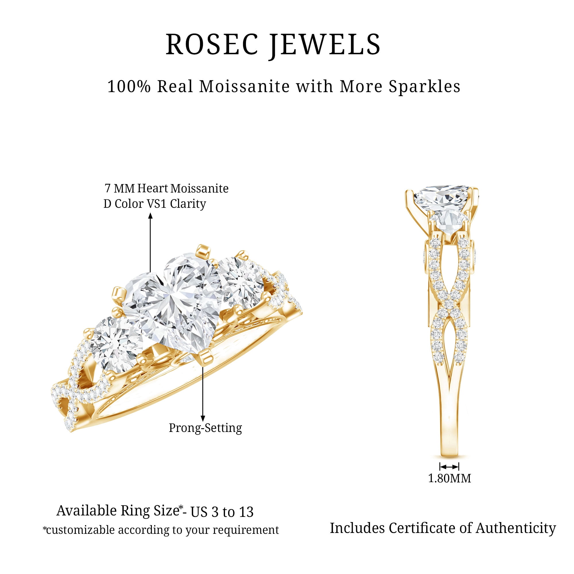 Rosec Jewels Heart Shape Moissanite Engagement Ring for Women - 7 mm - D-VS1 Quality Moissanite Statement Ring with Jewelry Box, 14K Yellow Gold, US 5.00