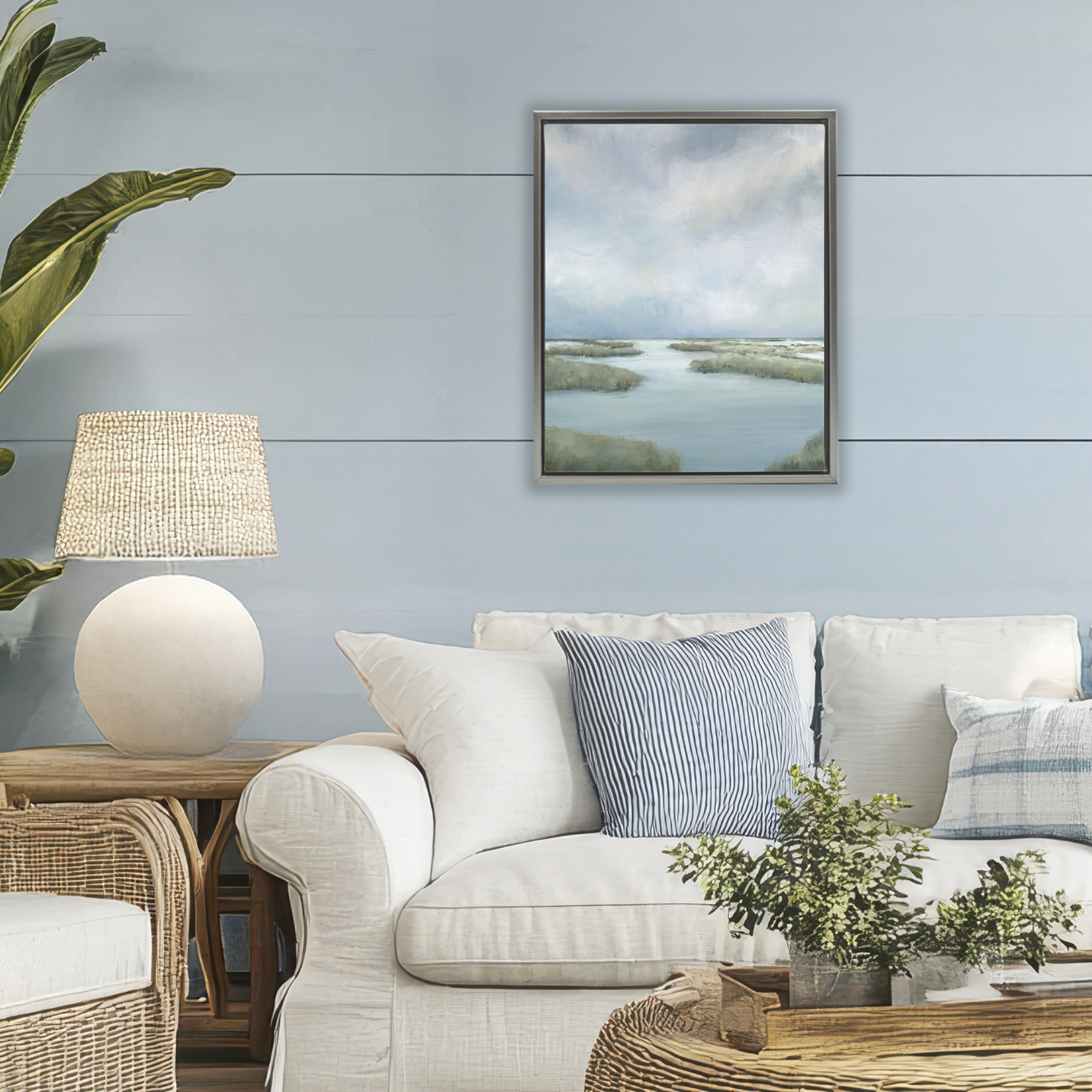 Hazy Marsh Land View Gray Framed Floater Canvas Wall Art, design by Leah Noel Art