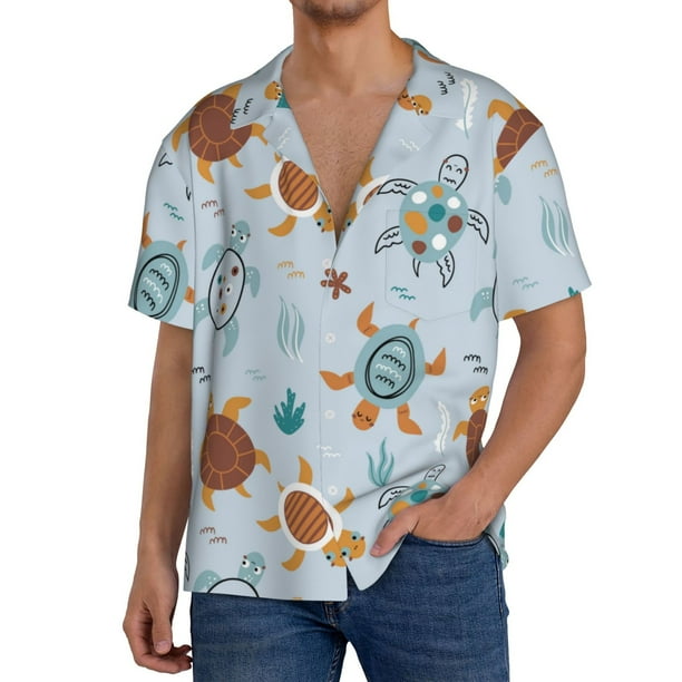Fotbe Sea Turtle Camisa Estampada de Manga Corta para Hombre, Casual de Verano, Estilo Playero, Sin Arrugas-Large