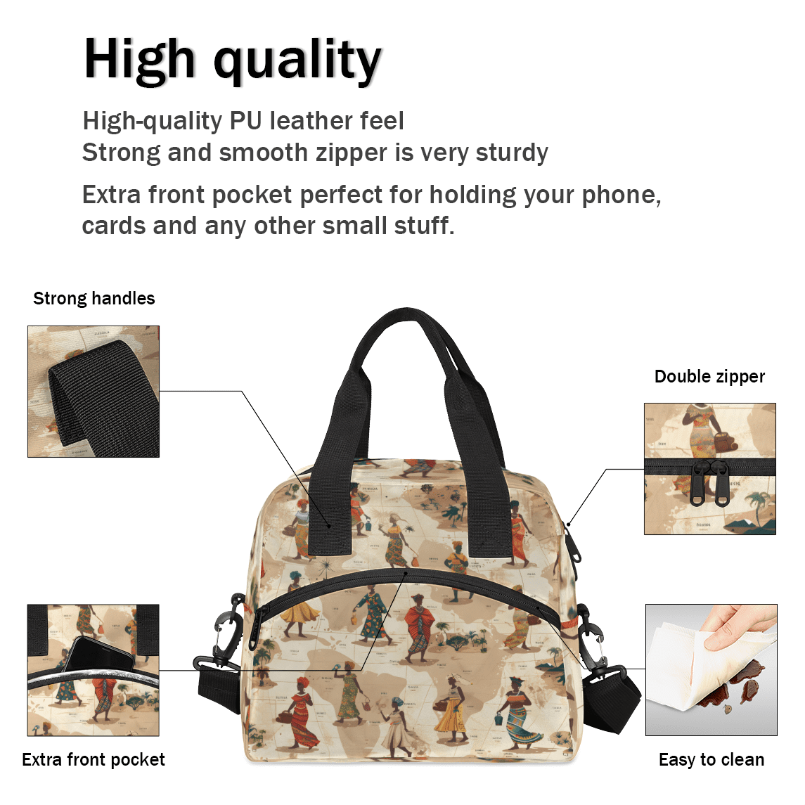 Herdesigns African American Insulated Lunch Bag for Women Men Adults Large Reusable Lunch Box Black Woman Leakproof Cooler Tote Bags with Adjustable Shoulder Strap
