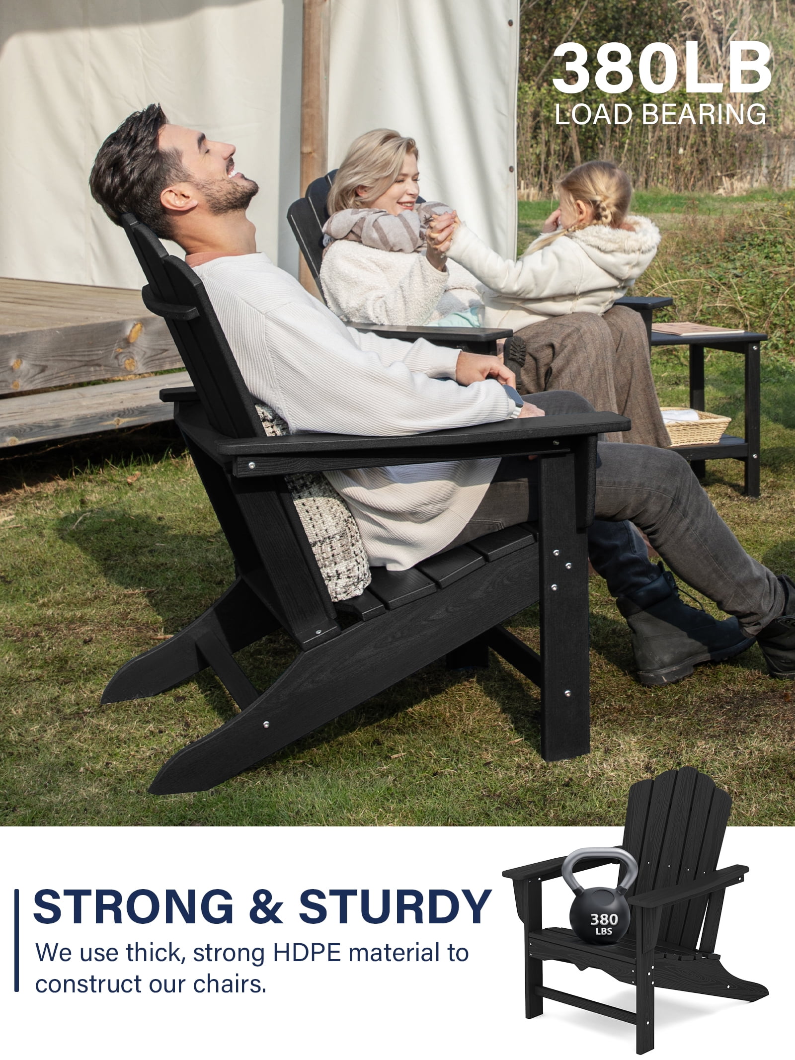 KINGYES HDPE Adirondack Chair, All-Weather Outdoor Fire Pit Chairs for Patio Deck Lawn, Black