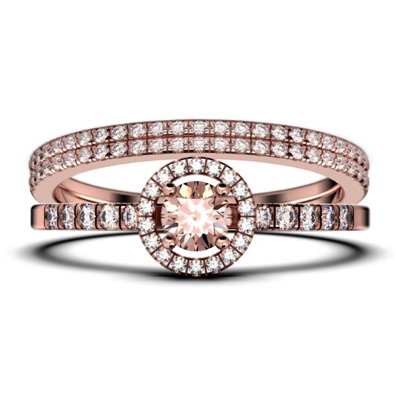 Dazzling Minimalist 2.00 Catar Round Cut Morganite And Diamond Moissanite Engagement Ring, Wedding Ring, Two Matching Band in 925 Sterling Silver With 18k Rose Gold Plating Gift For Her, Silver