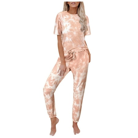 

YWDJ Two Piece Outfits for Women Dressy Plus Size Fashion Slim Contrast Lace Elastic Waist Short Sleeve Casual Two Piece Suit Pajamas Orange M