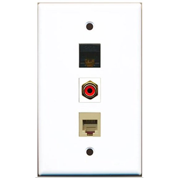 RiteAV - 1 Port RCA Red and 1 Port Phone RJ11 RJ12 Beige and 1 Port Cat6 Ethernet Black Wall Plate
