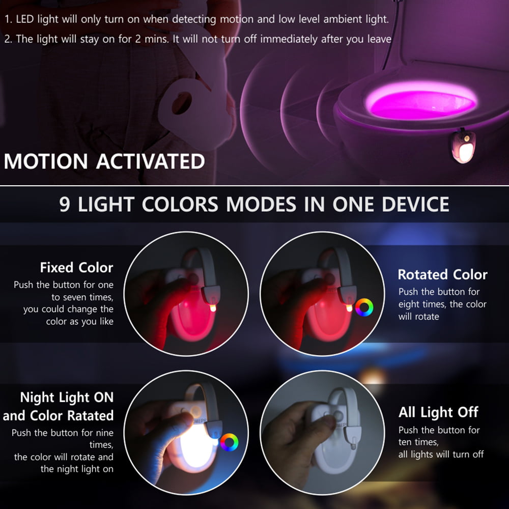 LAVAED Motion Sensor Toilet Night Light Home Toilet Light Bathroom Body Motion Sensor Toilet Bowl Seat Light Lamp 8-Color Changes 1 Pack