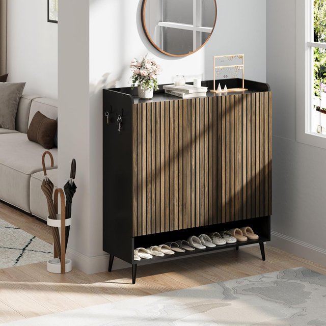 6 Tier Shoe Storage Cabinet with Fluted Doors, Adjustable Shelves Shoe Rack Organizer for Entryway Hallway Living Room, Space Saving with Holds 24 30 Pairs, Grey White Black Walnut