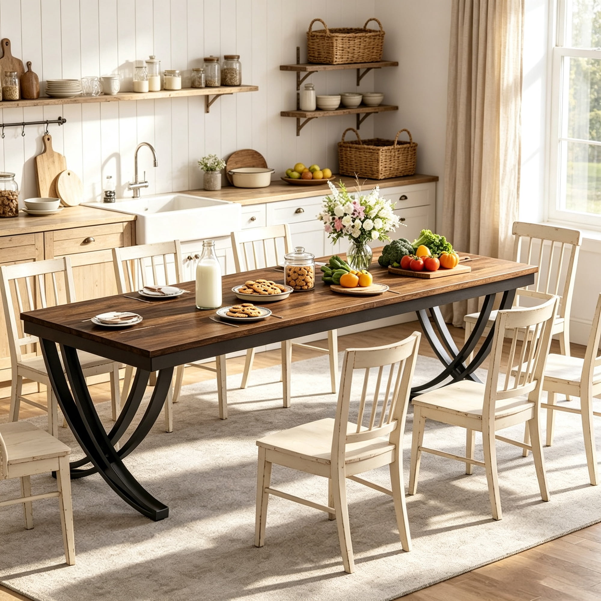 Astoutdoor Wooden Farmhouse Dining Table, 43.7 in Rectangular Table for 6-8 People