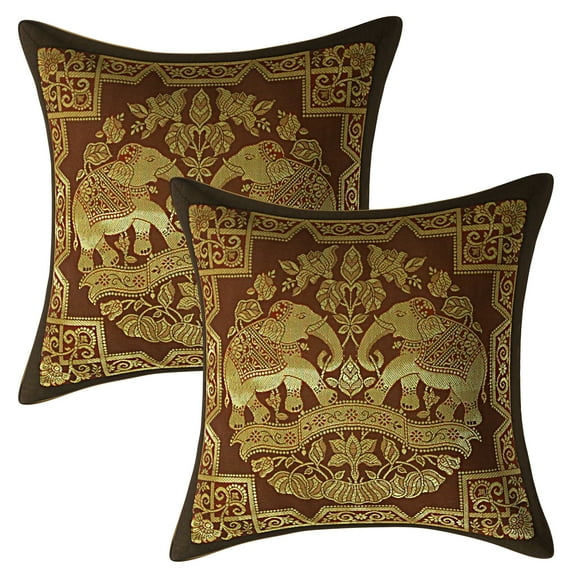 Stylo Culture Indian Outdoor Pillow Slipcovers Elephant Floral Coffee Brown And Gold Throw Pillow Covers 12x12 Jacquard Weave Banarasi Zippered Brocade 30x30 cm Cushion Covers (Set Of 2)