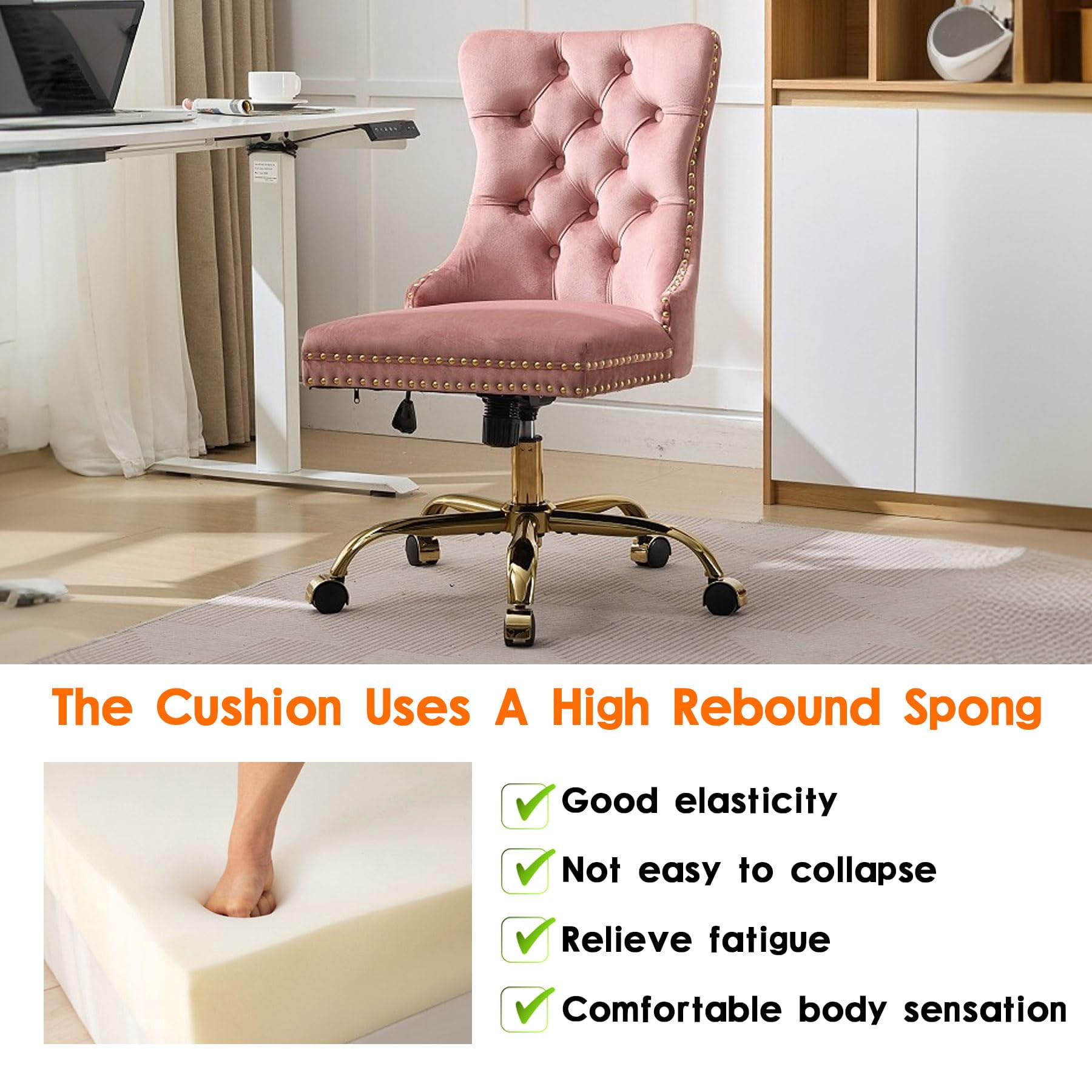Pawverly Velvet Upholstered Office Chair, Tufted Button Swivel Desk Chair with Adjustable Height, Gold Metal Base & Wheels, Modern Vanity Chair, Pink