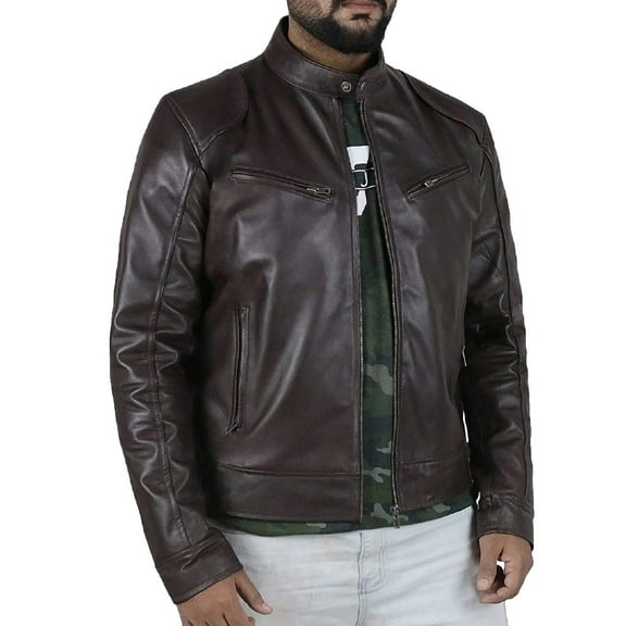 IYTR Men's Slim Fit Brown Genuine Leather Stand Collar Zipper Pockets Biker Motorcycle Jacket Brown XL