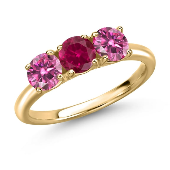 Gem Stone King 10K Yellow Gold Red Created Ruby and Pink Moissanite Engagement Ring for Women | 1.60 Cttw | Round 5MM | Gemstone July Birthstone | Size 9