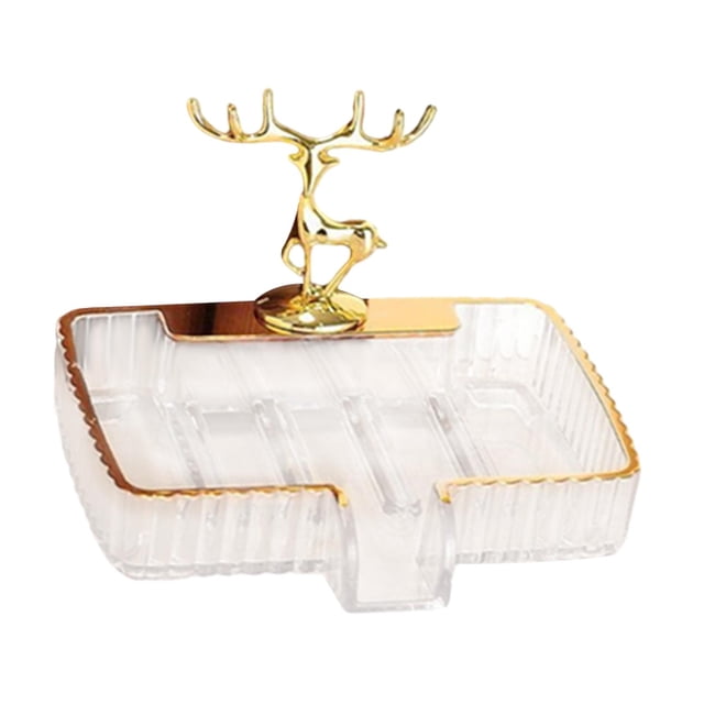 DOLITY Soap Dish Easy Cleaning Soap Container Case Sponge Holder Decorative Soap Holder featuring a clear rectangular design with ribbed edges and a self-draining base. It includes a golden elk decoration for an elegant touch, made from durable pp material. Suitable for bathrooms, kitchens, and bathtubs to store soap, sponges, or small items. Dimensions: 14cm x 11cm x 9.5cm (5.51in x 4.33in x 3.74in).