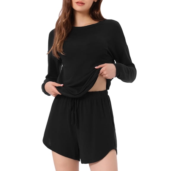 DARING DIVA Women's Long Sleeve Elastic Waistband Top and Shorts Lounge Set XS Black