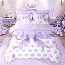 jejeloiu Cartoon Bow 7 Pieces Bedding Comforter Set,Purple Polka Dots Full Bedding Set For Girl Reversible