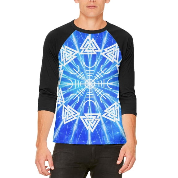 Vikings Wrath of Odin Lightning Mandala Mens Raglan T Shirt White-Black LG