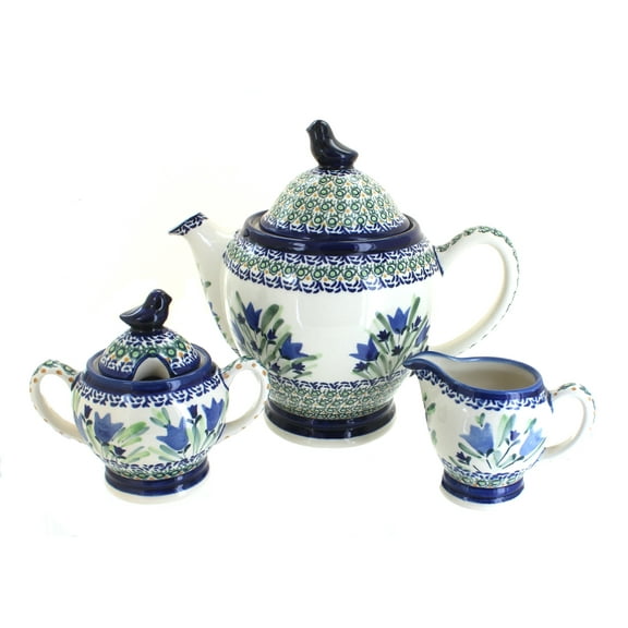 Blue Rose Polish Pottery Blue Tulip 3 Piece Coffee Pot Set with Bird Topper