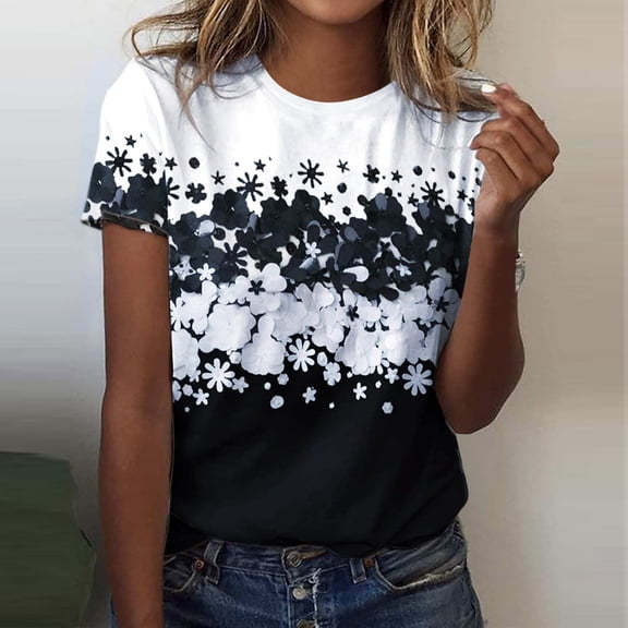 GaThRRgYP Summer Tops for Women,Womens Summer Tops under $5,Women's Summer Round-Neck Printed T-Shirts Casual Short Sleeve Blouse Tops