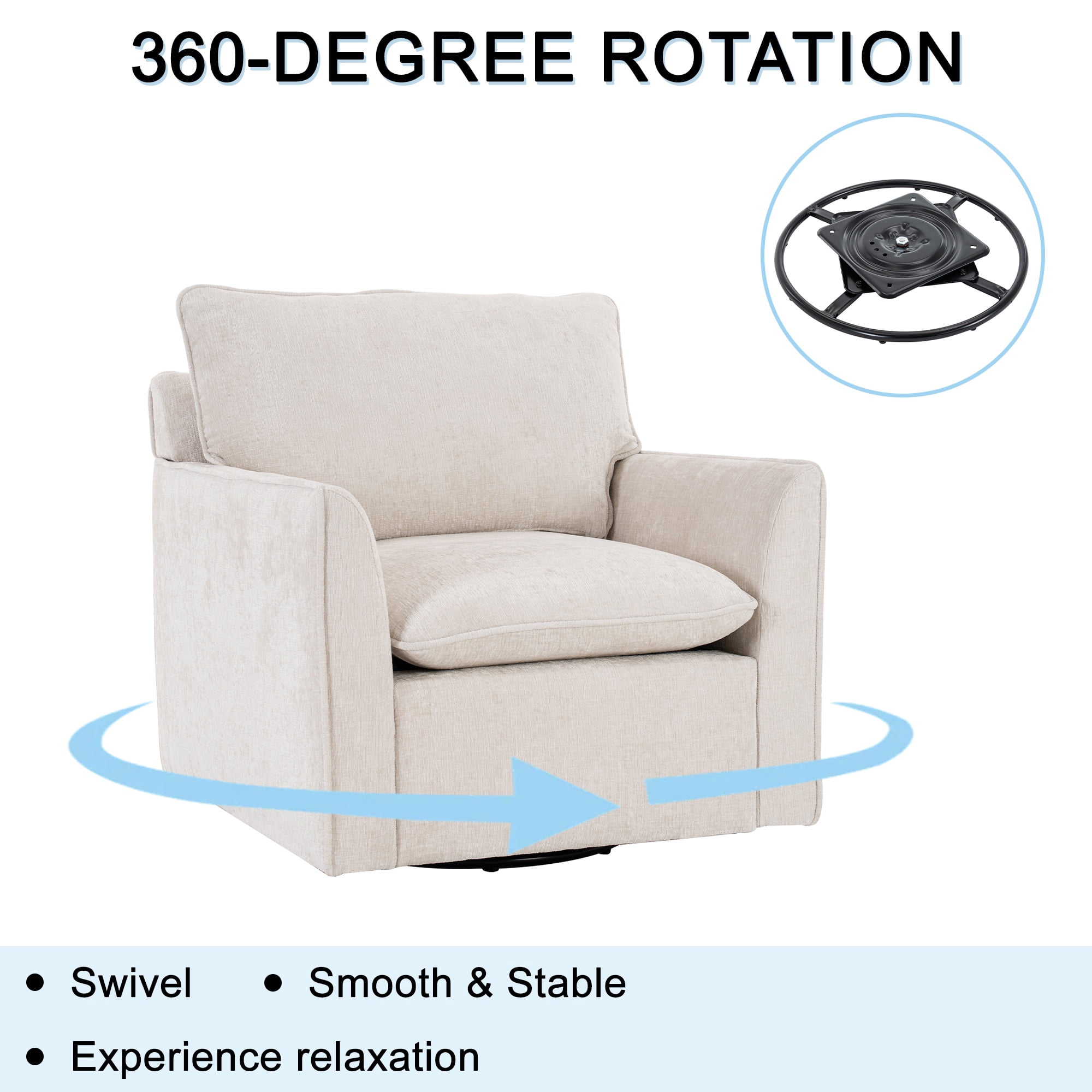 PORKISS 360° Swivel Accent Chair, Chenille Upholstered Bedroom Chair with Thick Cushion & Metal Base, Modern Reading Armchair for Living Room/Bedroom, Beige