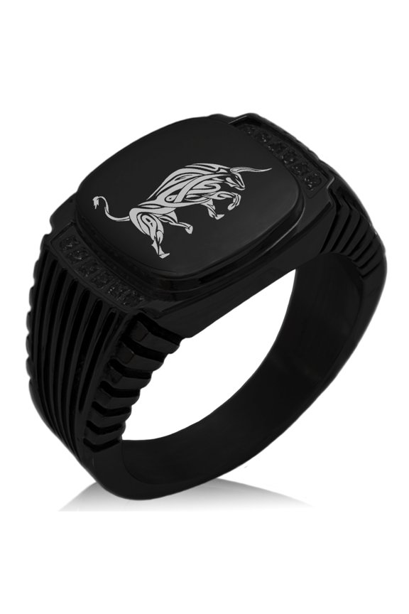 Stainless Steel Celtic Bull Rune CZ Ribbed Needle Stripe Pattern Biker Style Polished Ring
