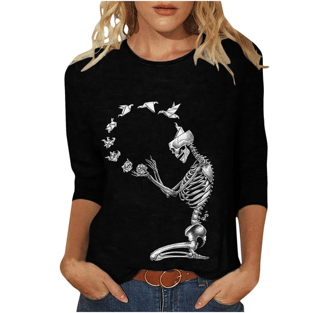 Moda mujer camiseta estampada de longitud media 3/4 mangas blusa cuello redondo casual tops Fridja fjkfkj185