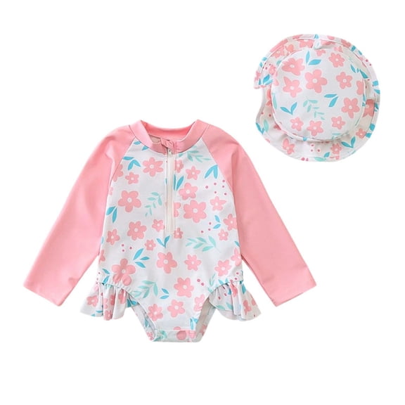 WRKEKC Toddler Swimsuit Girl 2 Piece Set Floral Print Zip Front One Piece with Swim Cap Sun Protection 6 Months-3 Years
